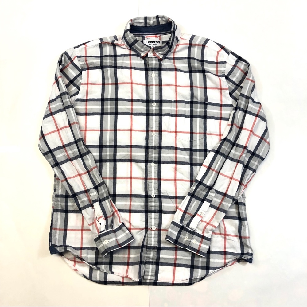Express White Gray Plaid Button Down Shirt XL